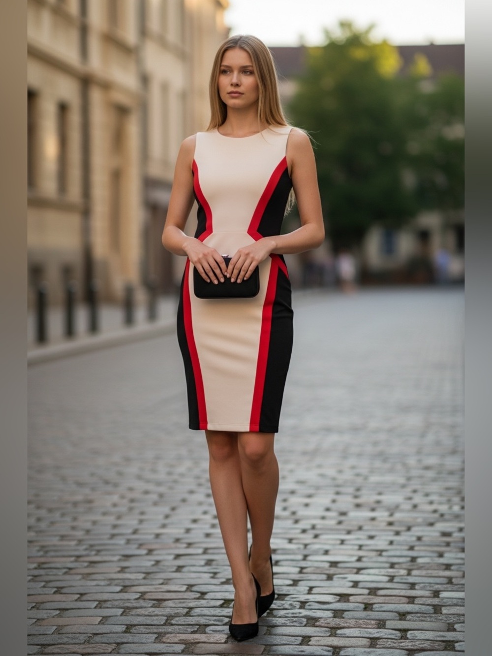 Bisou Bisou White, Black & Red Colorblock Midi Dress